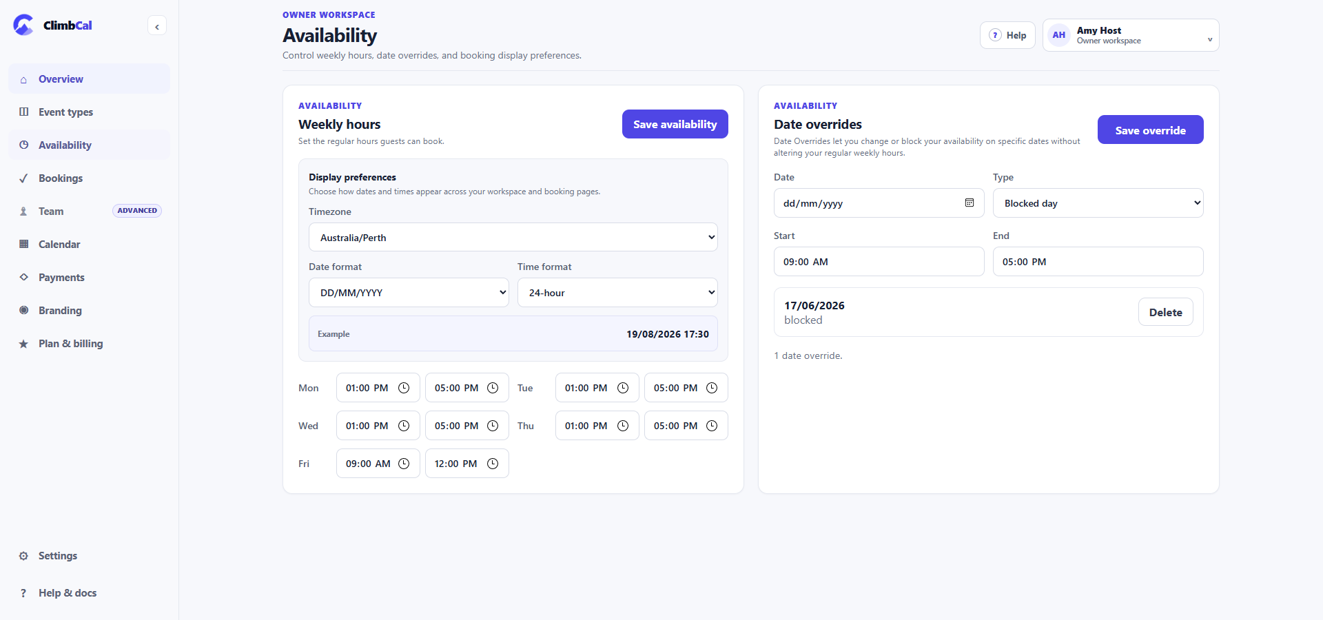 Availability screen showing display preferences, weekly hours, and date overrides