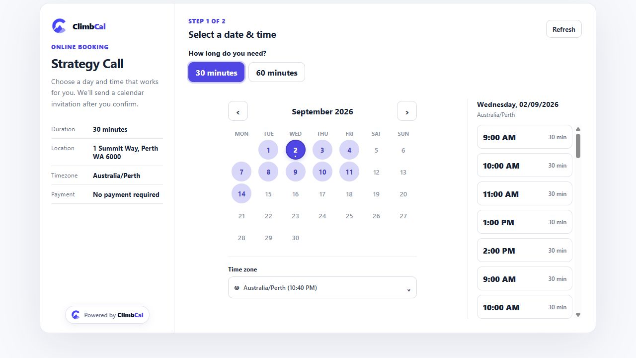 Public booking page showing duration choices, a date calendar, timezone control, and available times