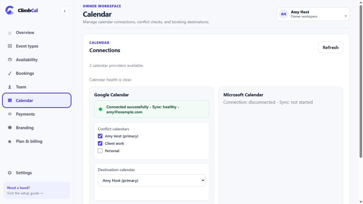 Calendar screen showing a connected Google account, conflict calendars, and a destination calendar