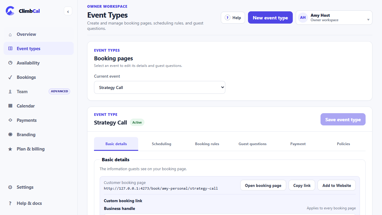 Event types screen showing a Strategy Call and the event editor tabs