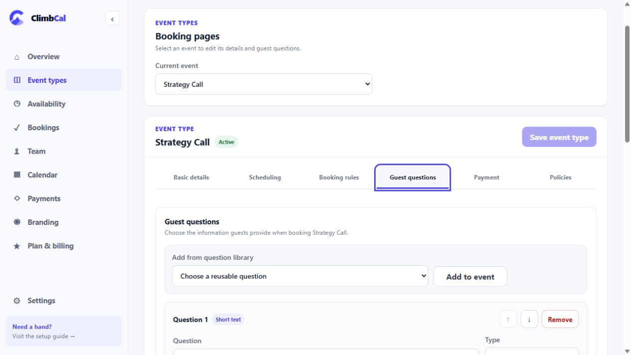 Guest questions editor showing the reusable question picker and configurable questions